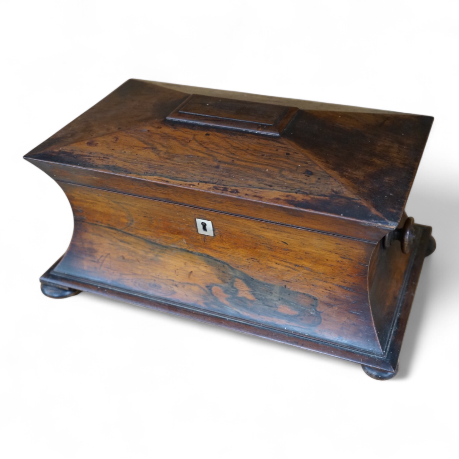 A Victorian waisted rosewood tea caddy. 38cm wide x 21cm high. Condition - fair